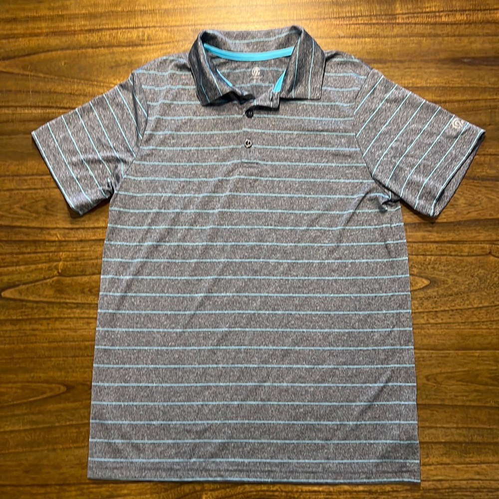 Boys Champion Active Golf Shirt Grey and Teal striped size L (12-14)